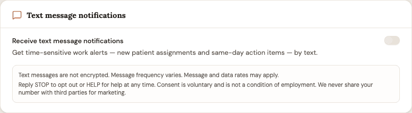 Companian web app user settings — the Text message notifications consent control: a toggle that is off by default, with disclosures stating that SMS is not encrypted, message frequency varies, message and data rates may apply, reply STOP to opt out or HELP for help, consent is voluntary and not a condition of employment, and the number is never shared with third parties for marketing.