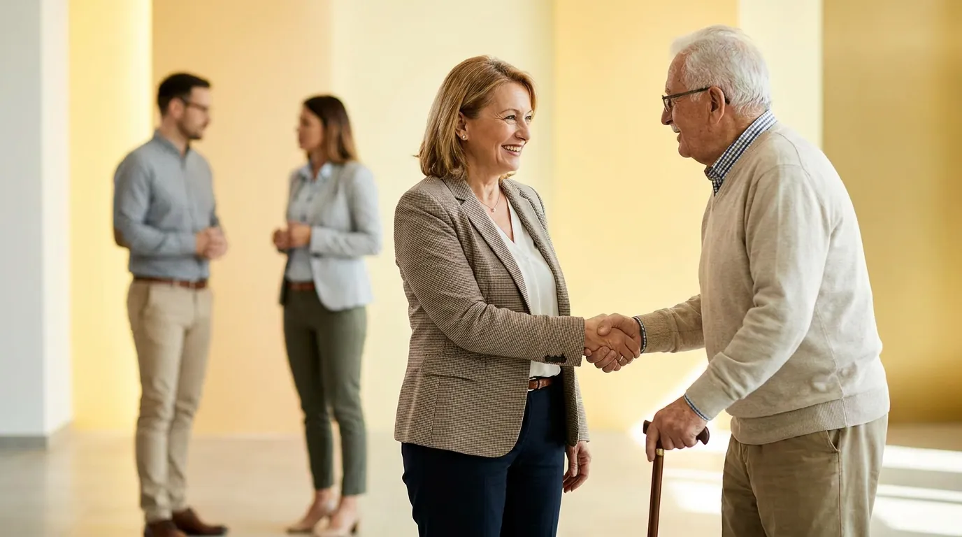 Woman in a tweed blazer shaking hands with an older man holding a cane in a bright hallway, for a guide to principal care management in specialty practices