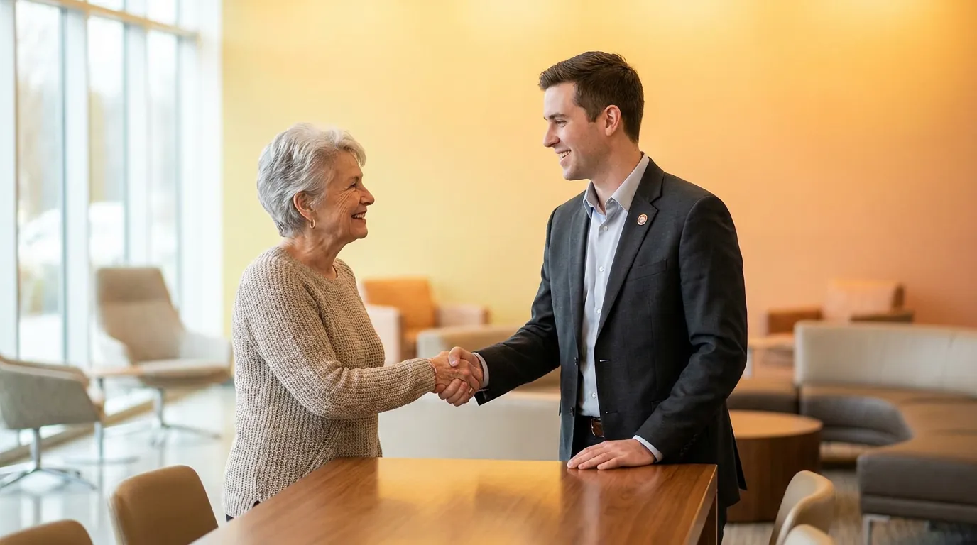 An older woman shaking hands with a suited man at a table, illustrating patient preparation for G0439