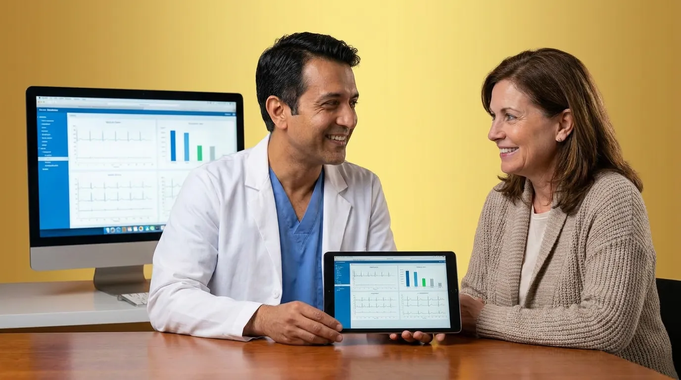 Physician and woman reviewing a tablet and monitor, illustrating CCM care-plan discussion
