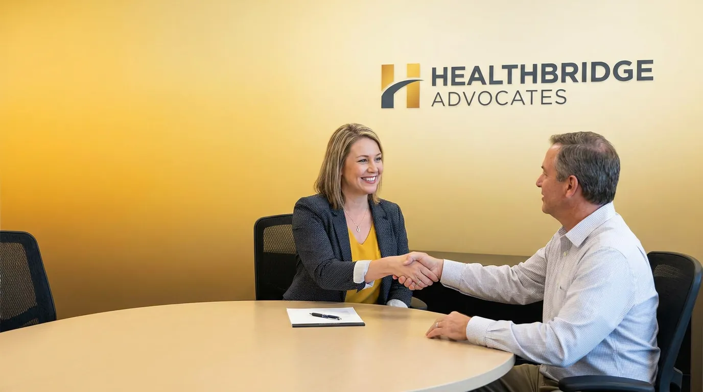 A woman and man shaking hands across an office table with a notepad, illustrating CCM documentation handoffs