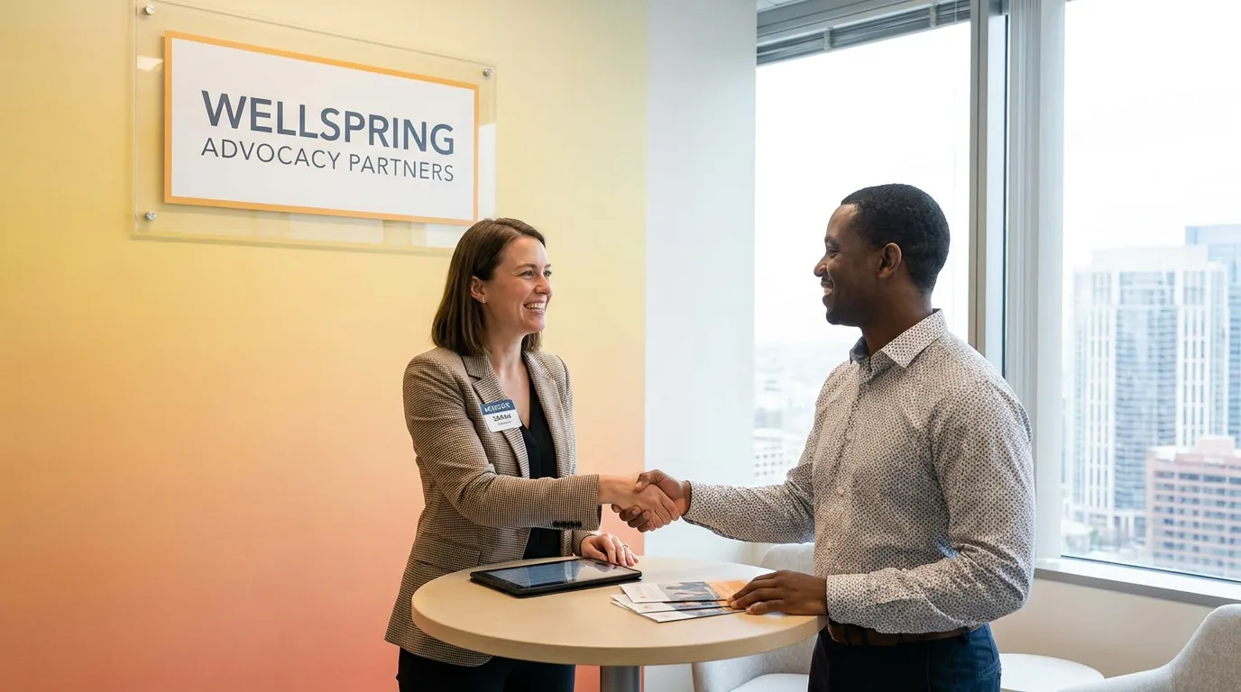 Woman and man shaking hands at a round office table, illustrating coordinated care planning