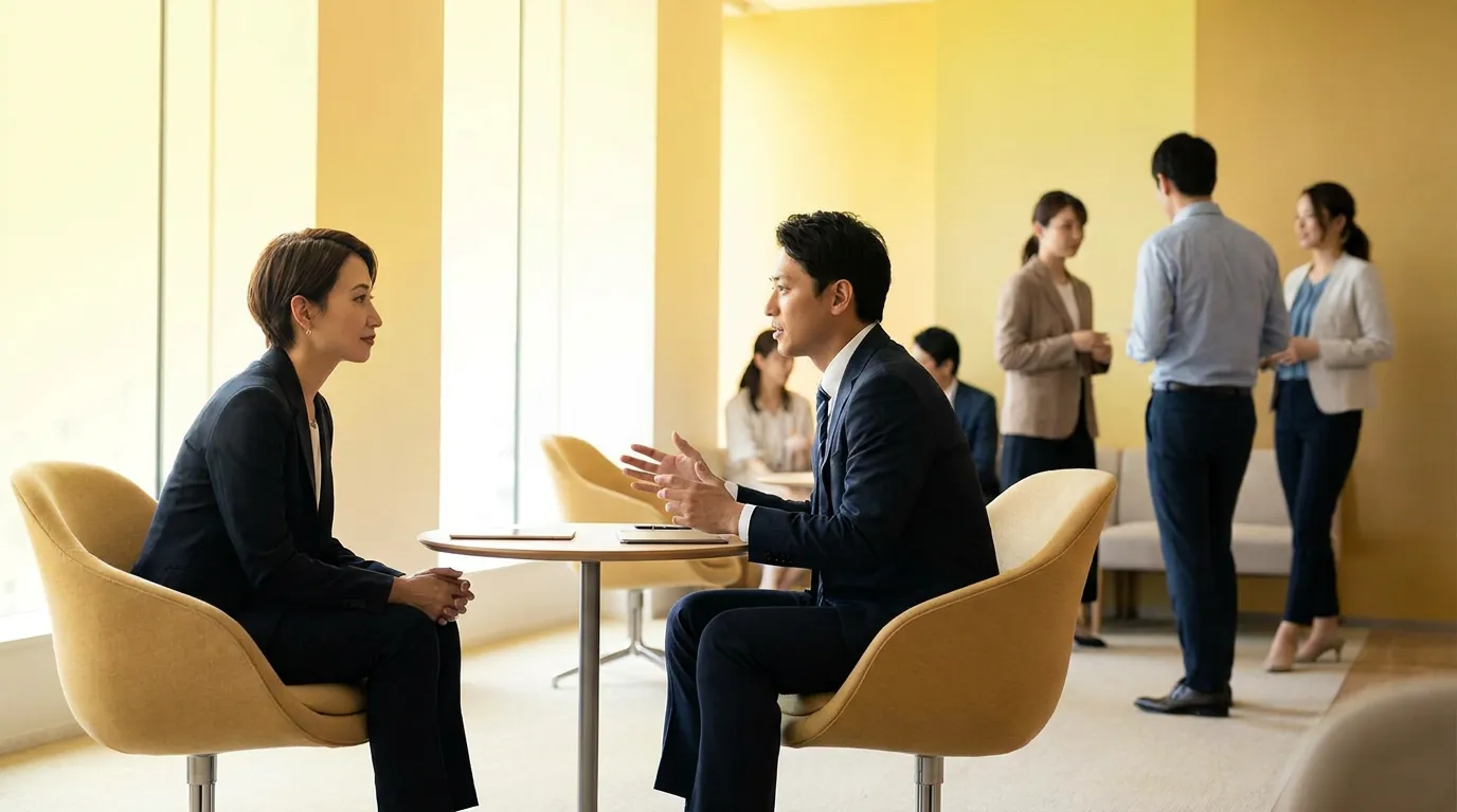 Two people talking across a table with staff behind them, illustrating a 99490 practice discussion