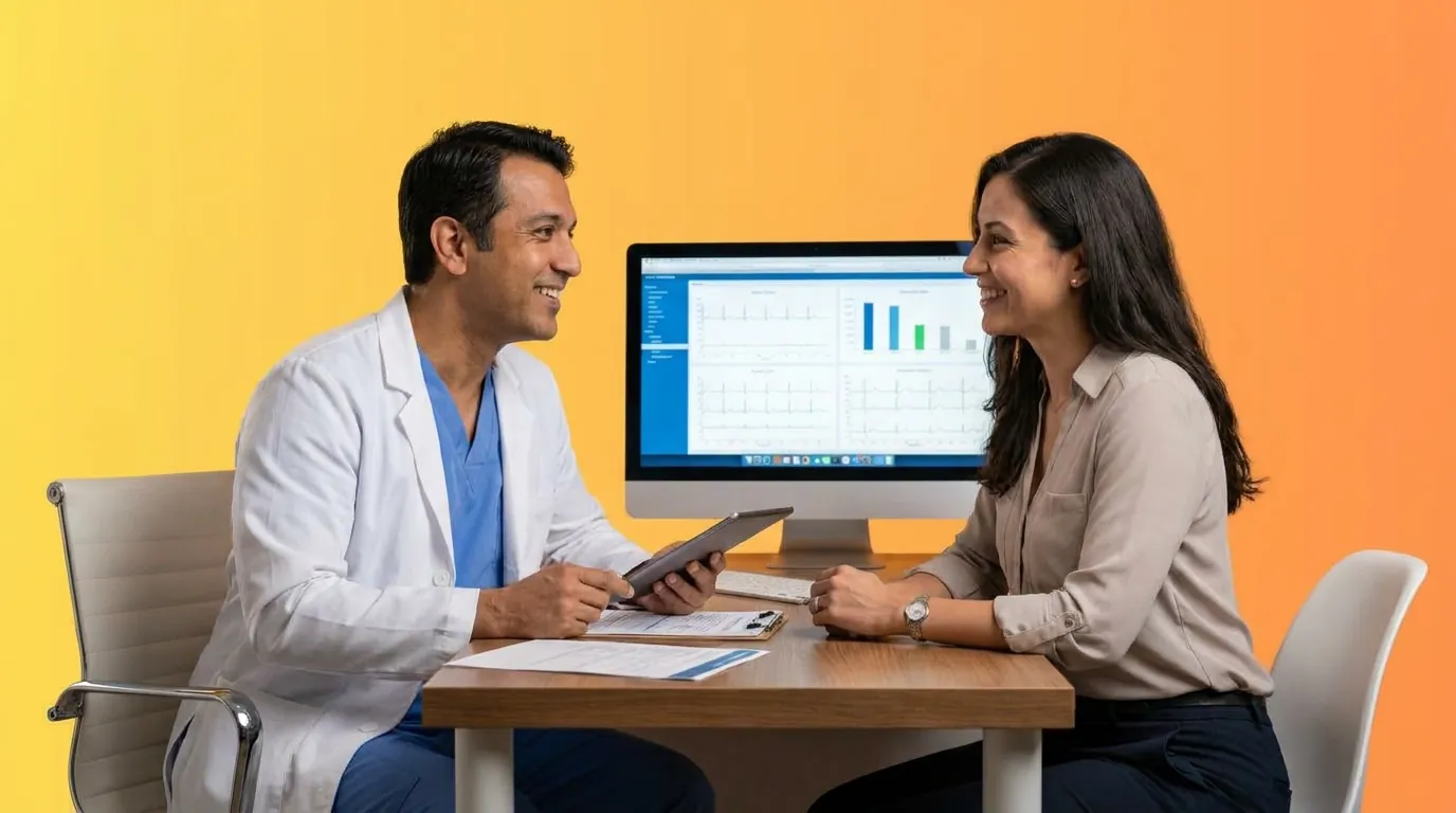 Physician reviewing an outsourced chronic care management dashboard with a patient