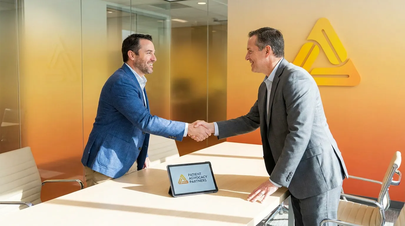 Two men shaking hands across an office table with a tablet, accompanying advance care planning practice guidance