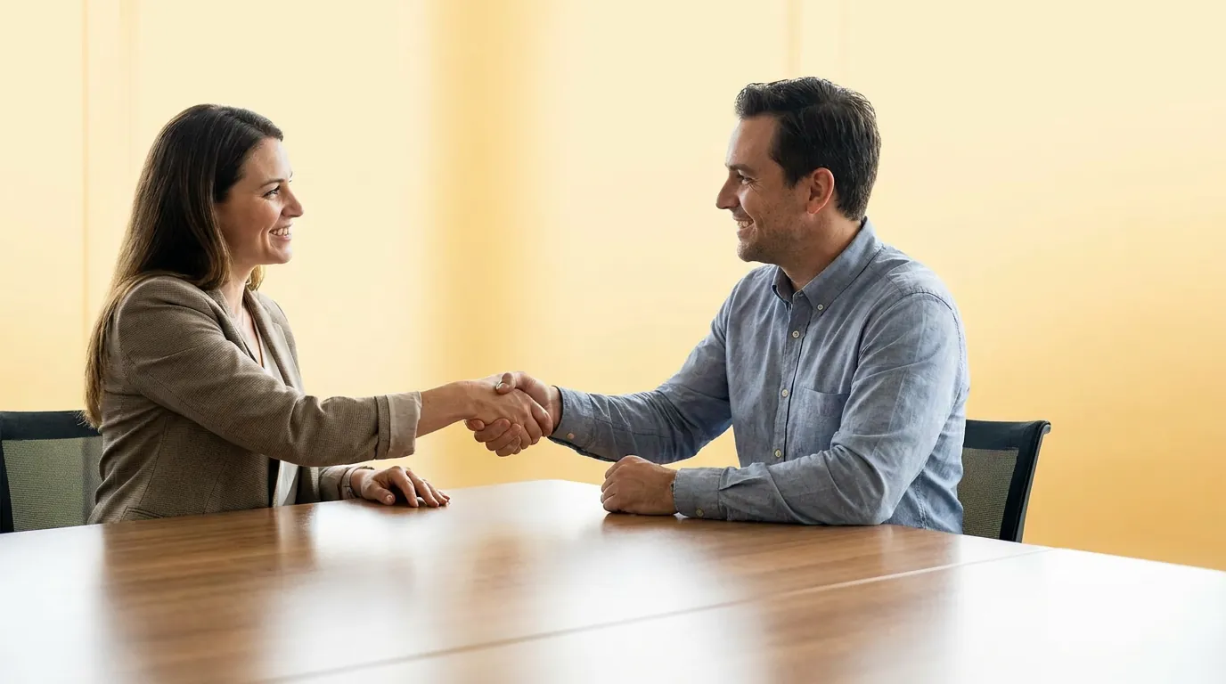 Woman and man shaking hands across a table, illustrating an RHC and FQHC care-management discussion