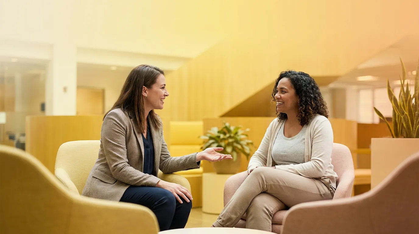 Two women talking in armchairs in an office, illustrating communication in a PCM vs CCM workflow