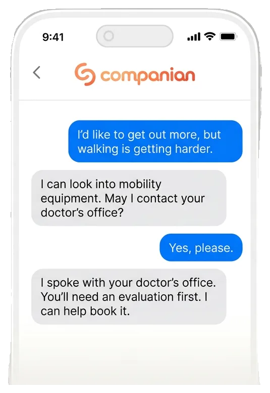 Text conversation where a Companian Care Advocate helps a patient with next steps at the doctor’s office (sample)