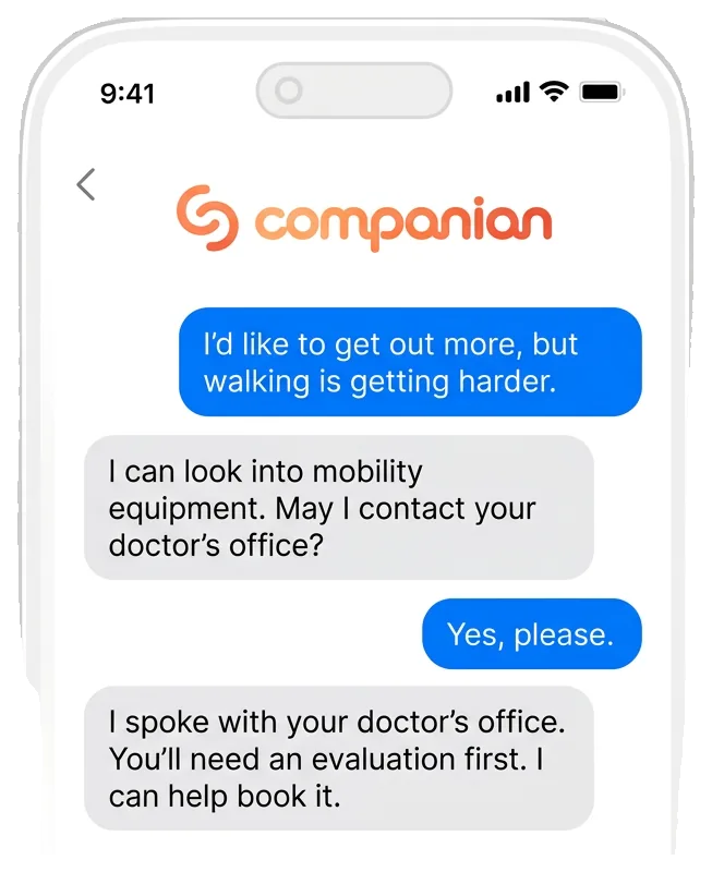 Text conversation where a Companian Care Advocate helps a patient with next steps at the doctor’s office (sample)