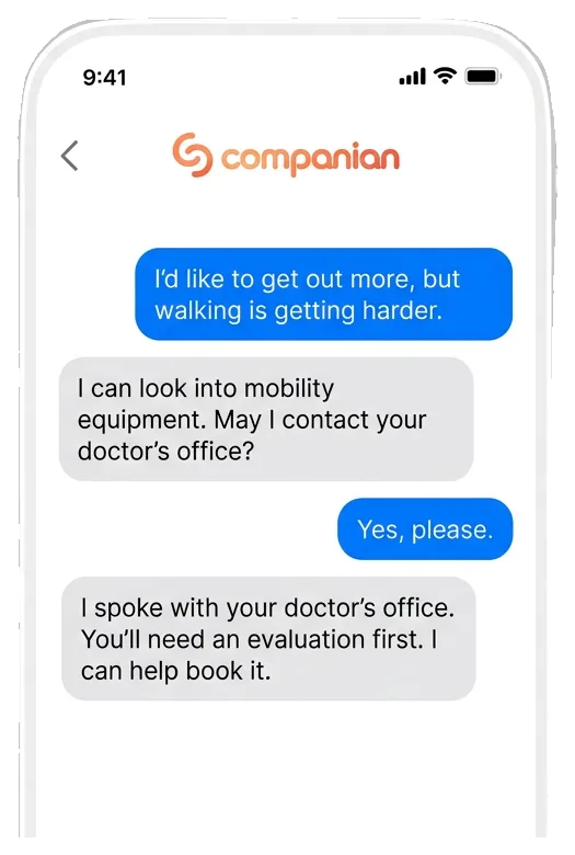 Text conversation where a Companian Care Advocate helps a patient with next steps at the doctor’s office (sample)