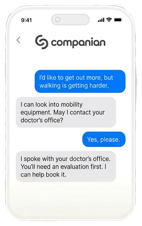 Text conversation where a Companian Care Advocate helps a patient with next steps at the doctor’s office (sample)