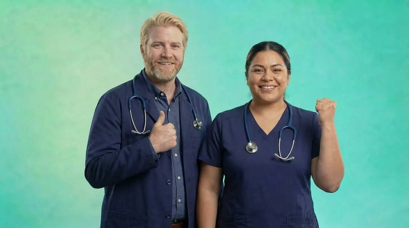 A clinician in a navy jacket giving a thumbs-up and a nurse in navy scrubs raising a fist, both wearing stethoscopes, against a teal background