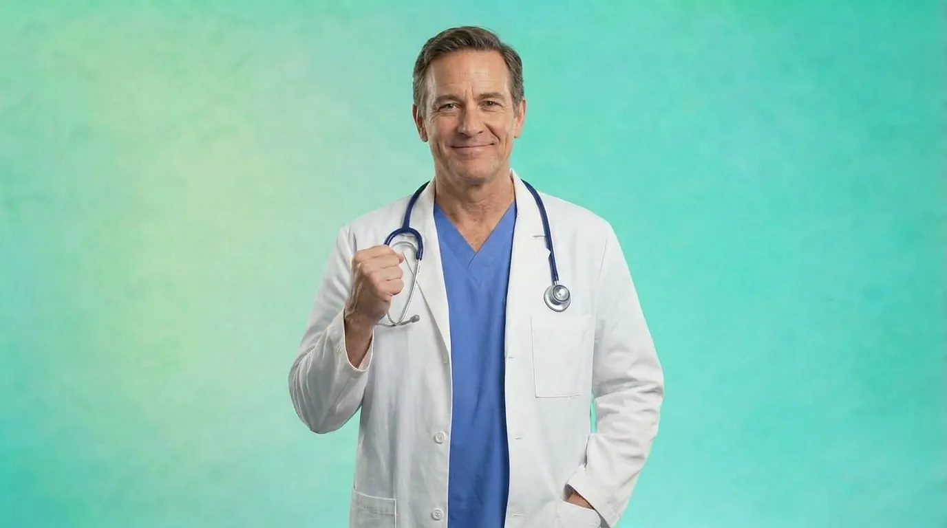 A smiling physician in a white coat over blue scrubs, stethoscope around his neck, against a teal background, standing for the billing practitioner who supervises APCM staff
