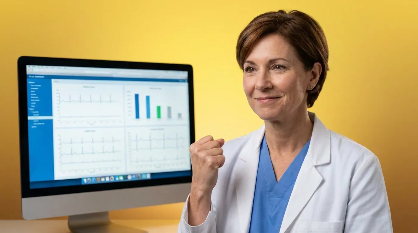 Physician in a white coat and blue scrubs beside a monitor showing chart panels, illustrating the time and decision rules for 99487 and 99489