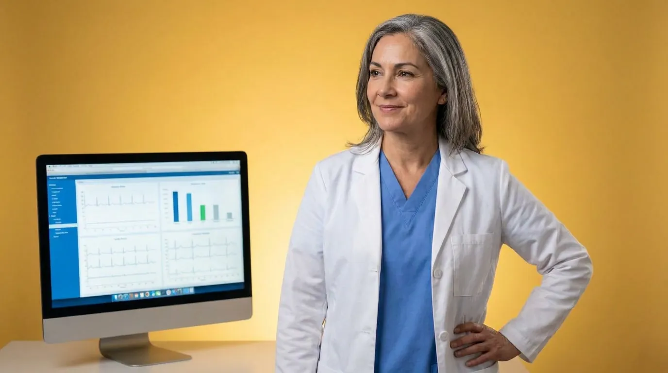 Gray-haired physician in a white coat and blue scrubs beside a monitor showing charts, illustrating practitioner time logged under CPT 99491