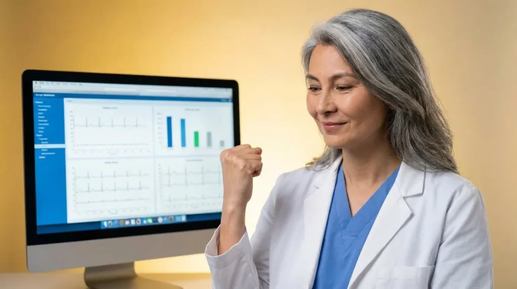 Clinician reviewing care management billing data: APCM codes G0556, G0557, G0558