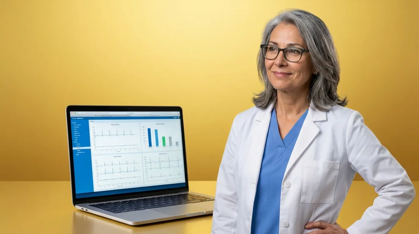 Woman in a white coat beside a laptop with charts, illustrating practice review of 2027 Physician Fee Schedule proposals
