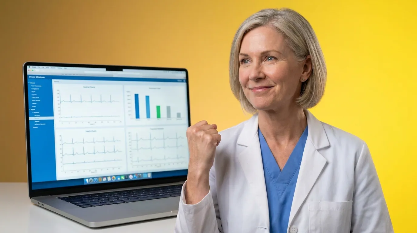 Woman in a white coat beside a laptop with charts, illustrating practice review of ACO REACH and LEAD information