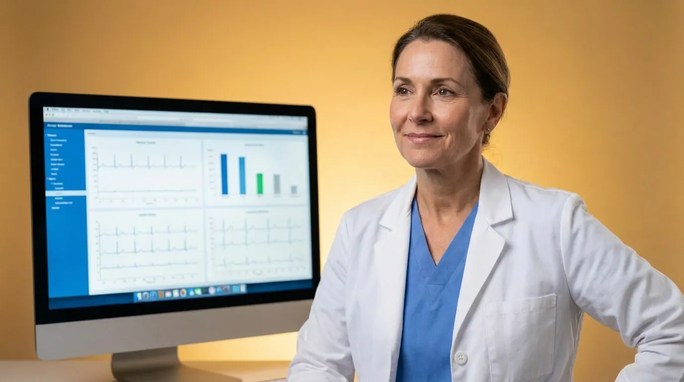 A woman in a white coat beside a monitor displaying charts, accompanying G0439 documentation guidance