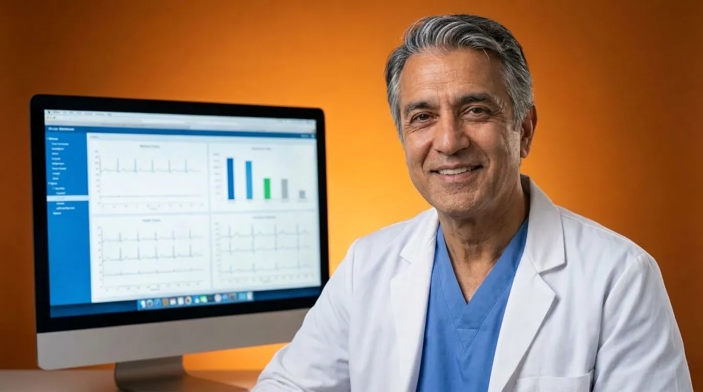 A man in a white coat seated beside a monitor displaying charts, accompanying CCM documentation review