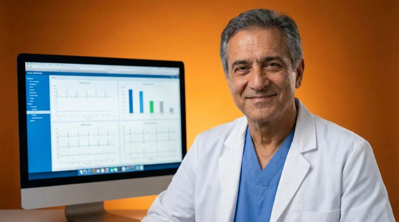 Man in a white coat beside a monitor with charts, illustrating chronic care management in-house vs outsourced review
