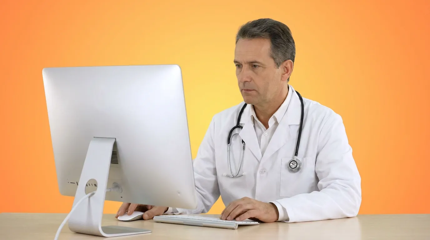 Physician with a stethoscope working at a desktop computer, reviewing chronic care management records for 99491 and 99437
