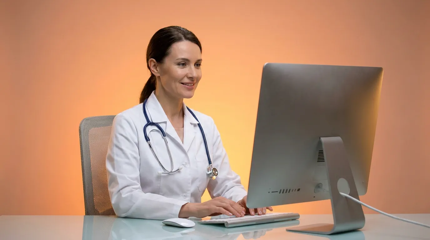 Physician with a stethoscope typing at a desktop computer against an orange backdrop, recording the dates and decision-making level a transitional care management claim needs