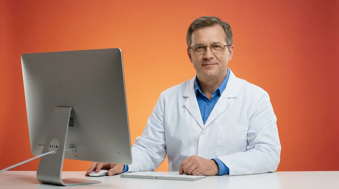 Physician in glasses and a white coat at a desk with a desktop computer, keyboard and mouse, for a guide to the Shared Savings Program