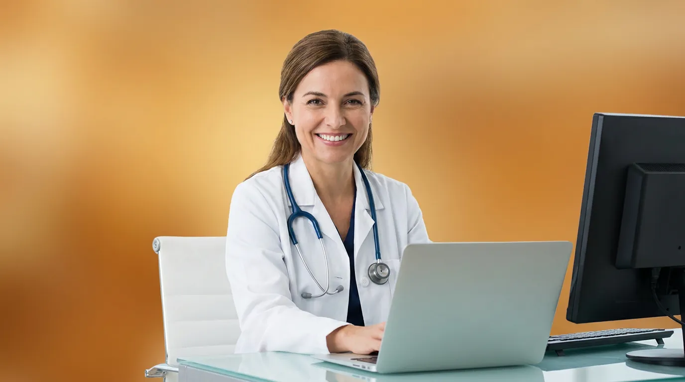 Smiling physician with a stethoscope typing on a laptop at a glass desk, documenting an office visit for the G2211 add-on