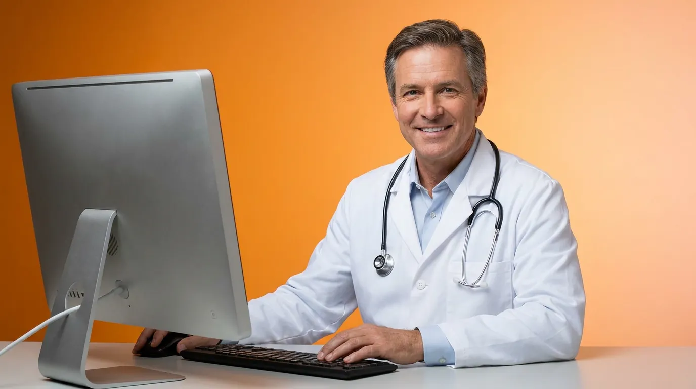 Man in a white coat seated at a desktop computer, illustrating a practice reviewing ACO model records