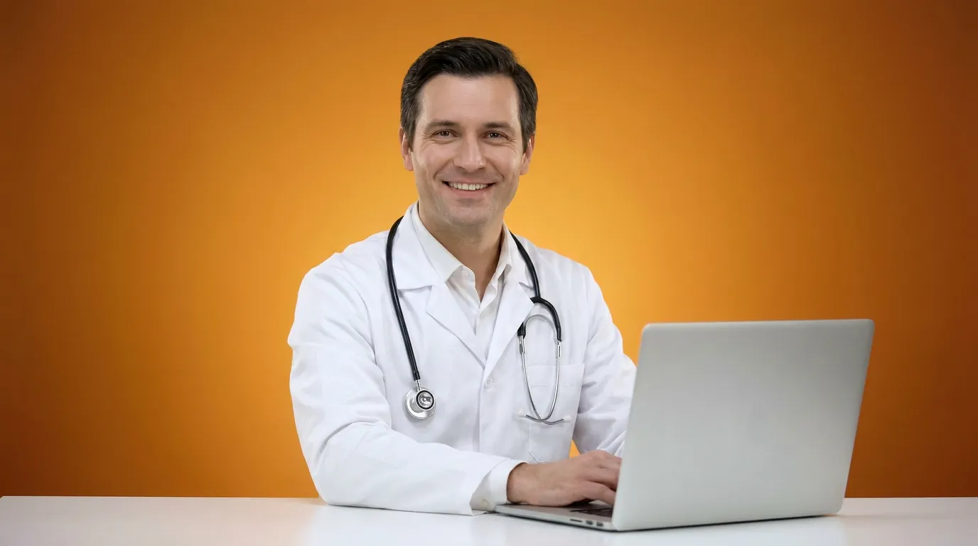 A white-coated man with a stethoscope seated at a laptop, accompanying G0439 claim review guidance