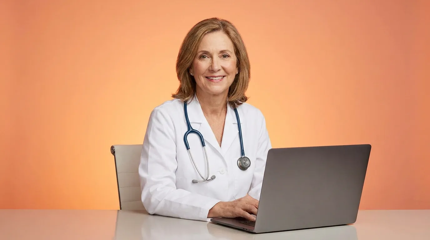 Physician seated with a laptop against a peach background, illustrating APCM code review