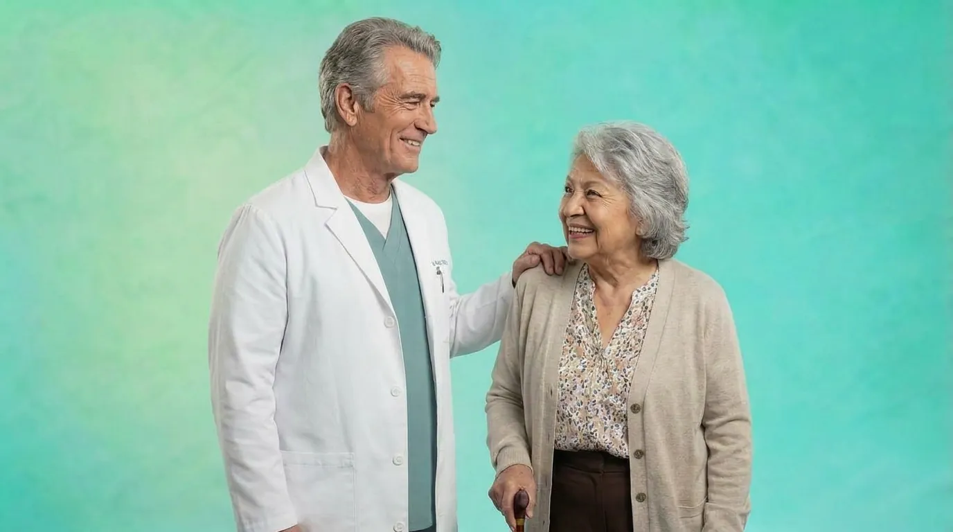 Man in a white coat beside an older woman holding a cane, illustrating clinical care within an accountable-care context