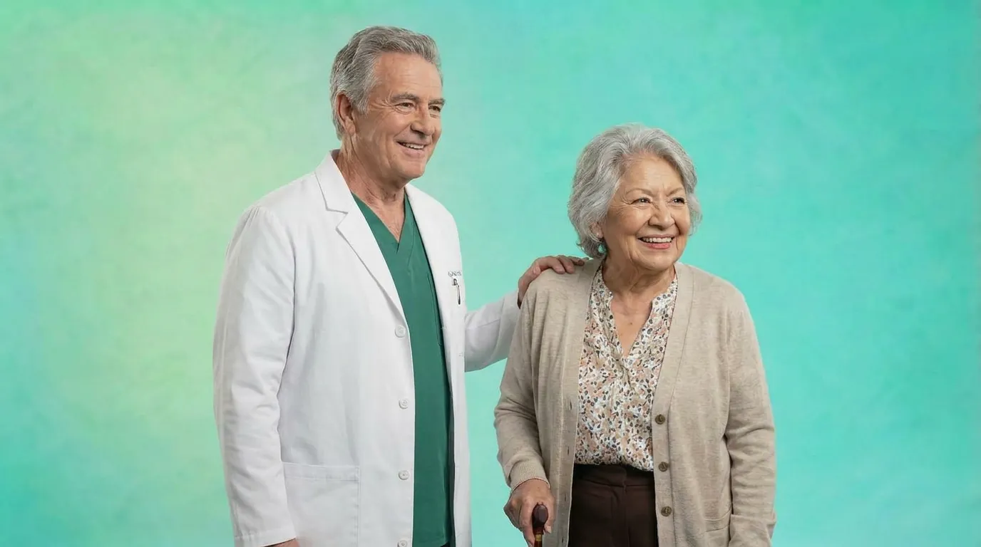Man in a white coat beside an older woman holding a cane, illustrating patient needs in APCM vs CCM