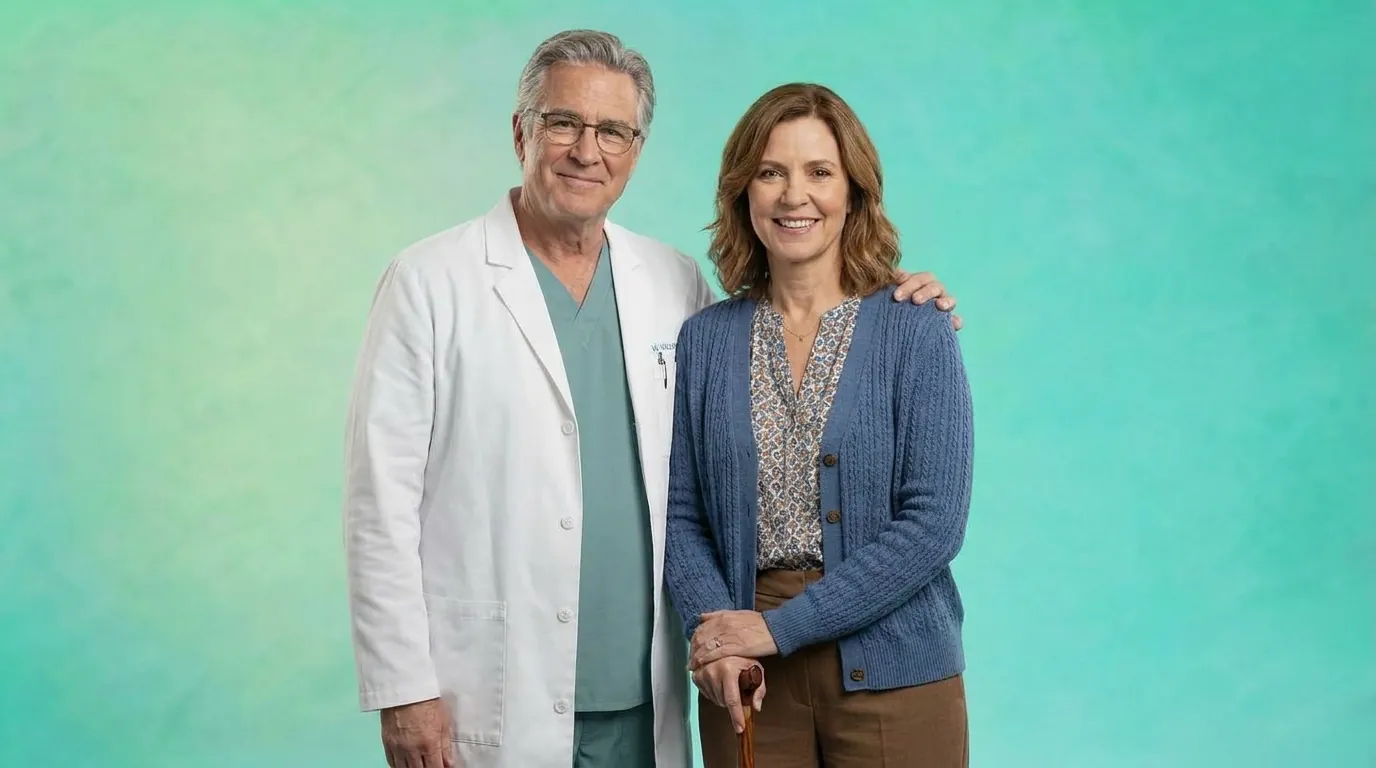 Physician with a woman holding a cane against a teal background, illustrating CHI care coordination