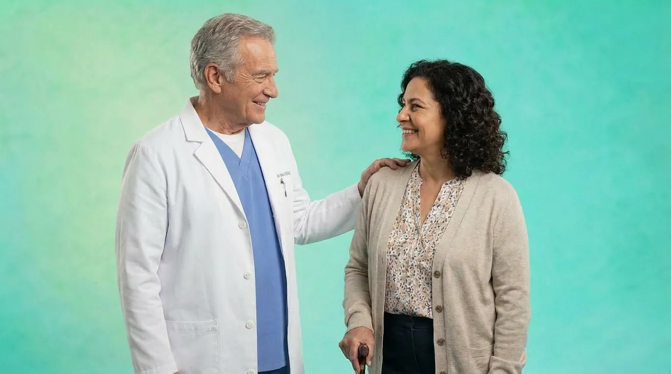 Man in a white coat beside an older woman holding a cane, illustrating care relationships in in-house vs outsourced CCM