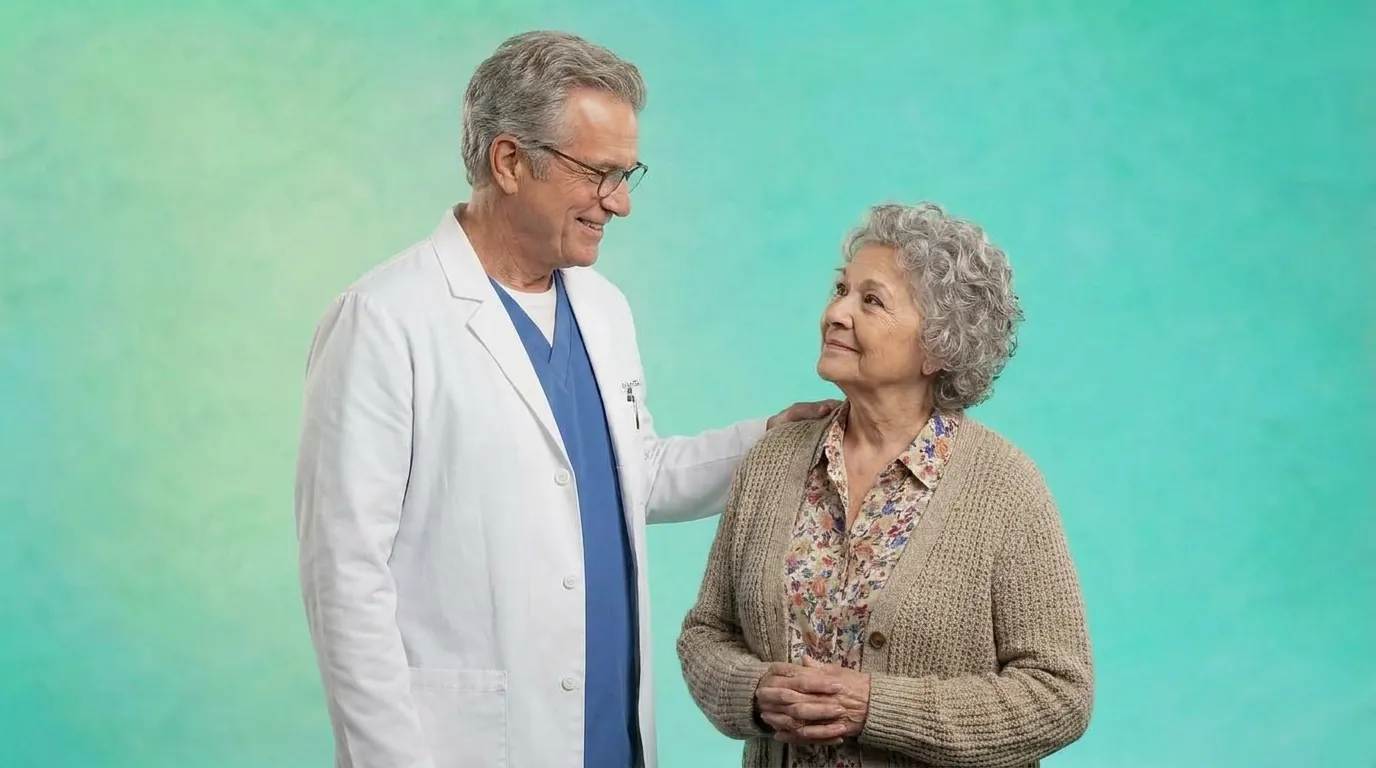 Physician with an older woman against a teal background, illustrating 99490 chronic care management