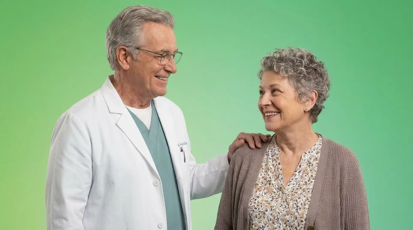 White-coated man standing beside an older woman, illustrating advance care planning conversations