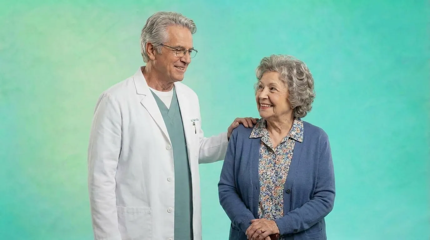 Man in a white coat beside an older woman holding a cane, illustrating the clinical care behind First Coast Medicare CCM billing