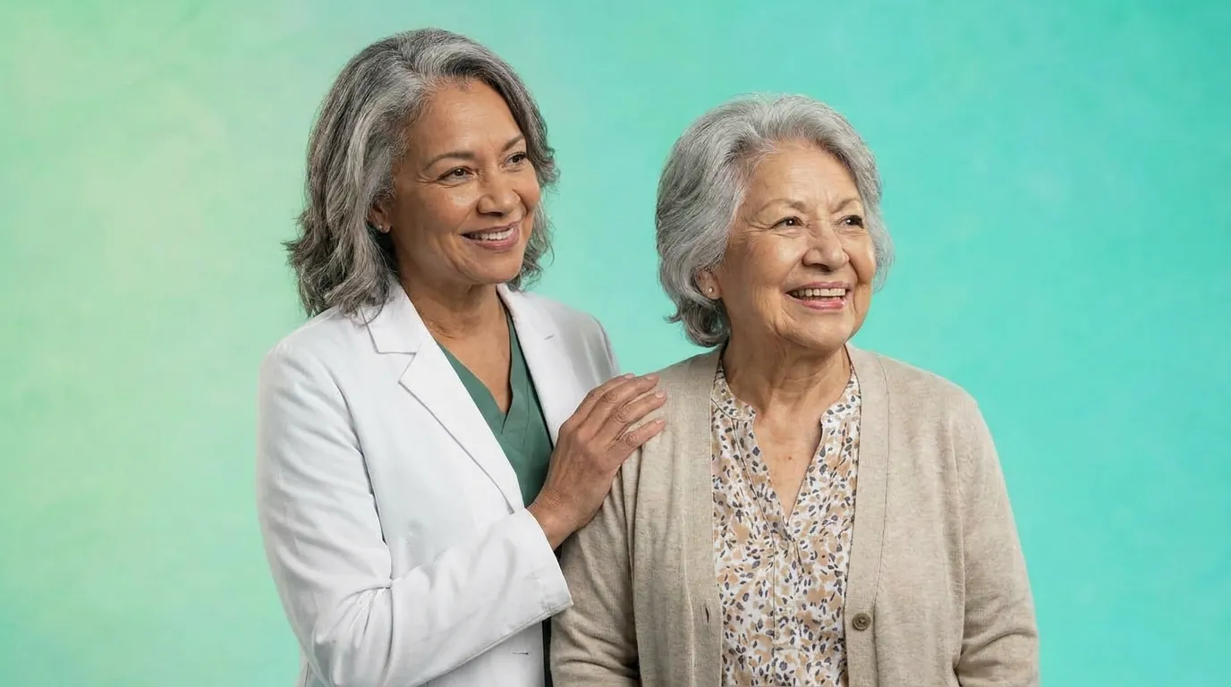 Physician with an older woman against a teal background, illustrating RHC and FQHC care coordination