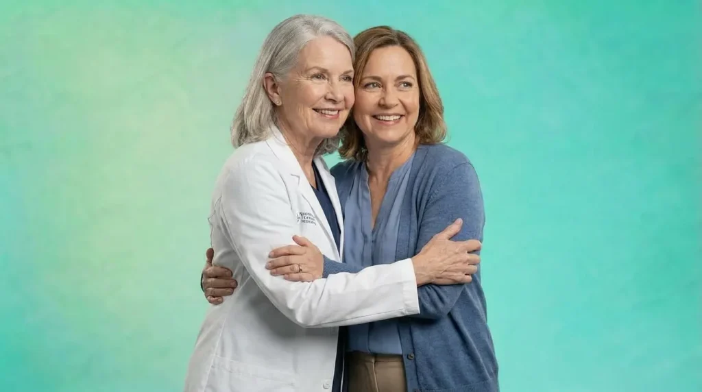 Clinician and patient smiling together during a care management visit