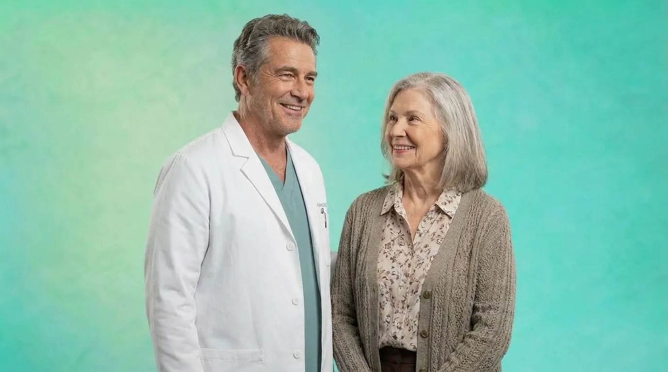 Man in a white coat beside an older woman, illustrating the patient assessment behind PCM vs CCM
