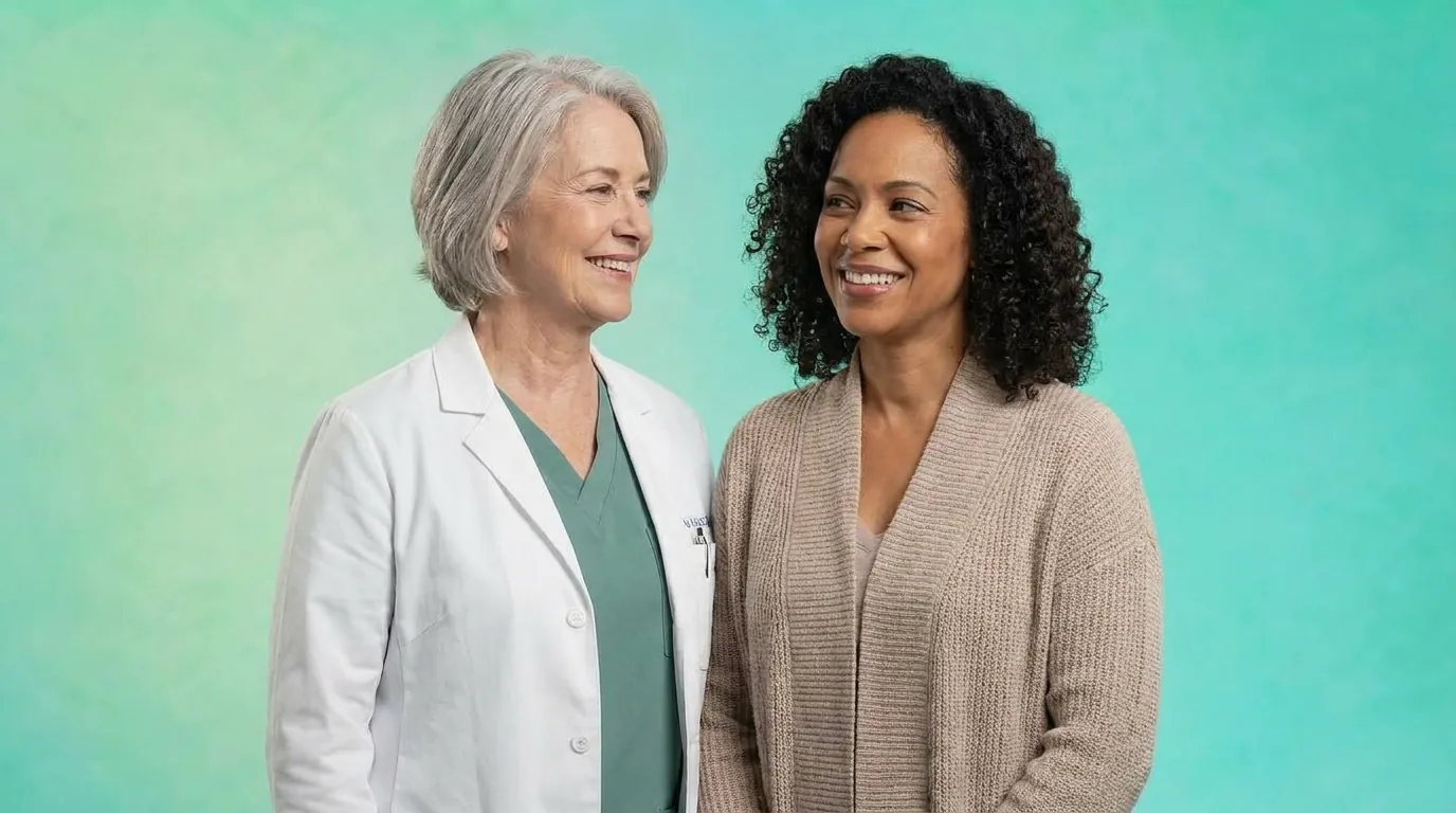 Physician standing with a woman against a teal background, illustrating principal illness navigation care