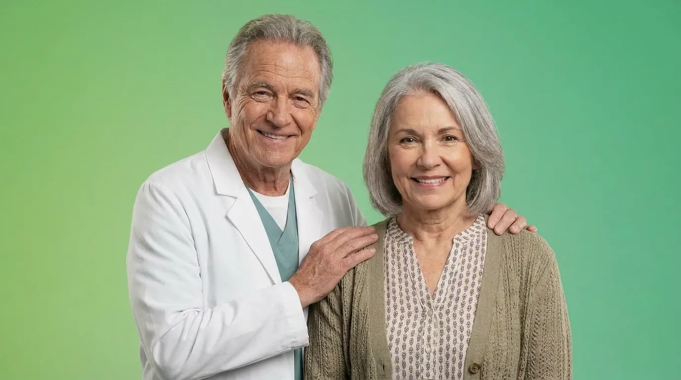 Man in a white coat standing beside an older woman, illustrating chronic care management around a clinical team