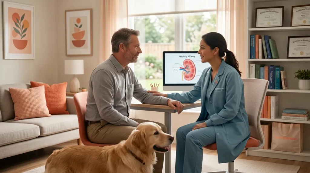 Nephrology patient talking with a Companian Care Advocate between visits
