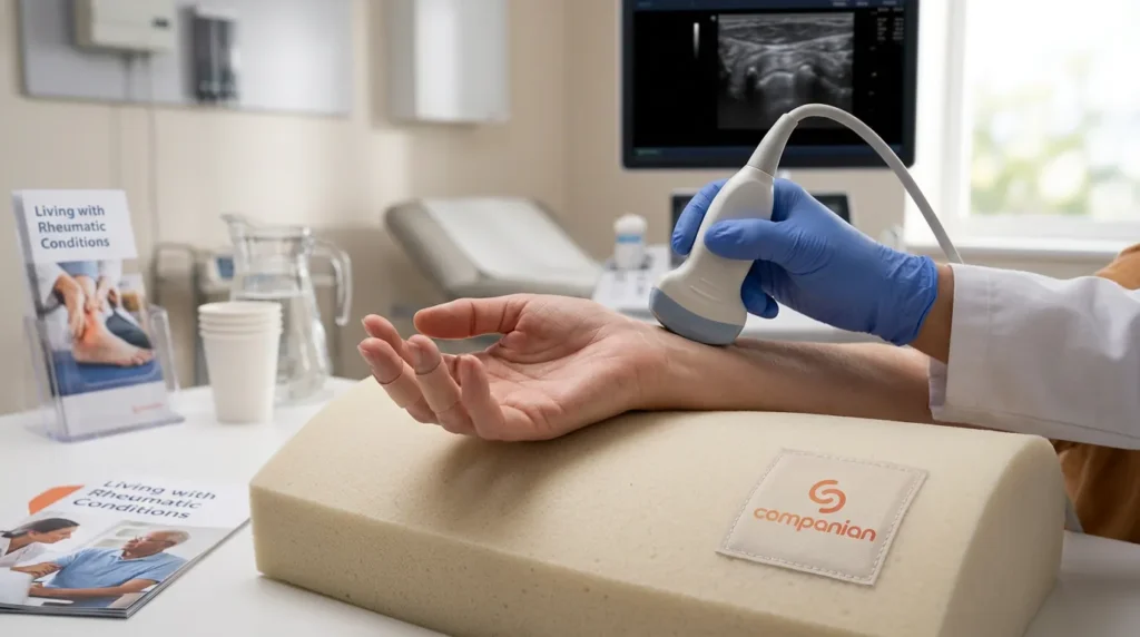 Rheumatology patient talking with a Companian Care Advocate between visits