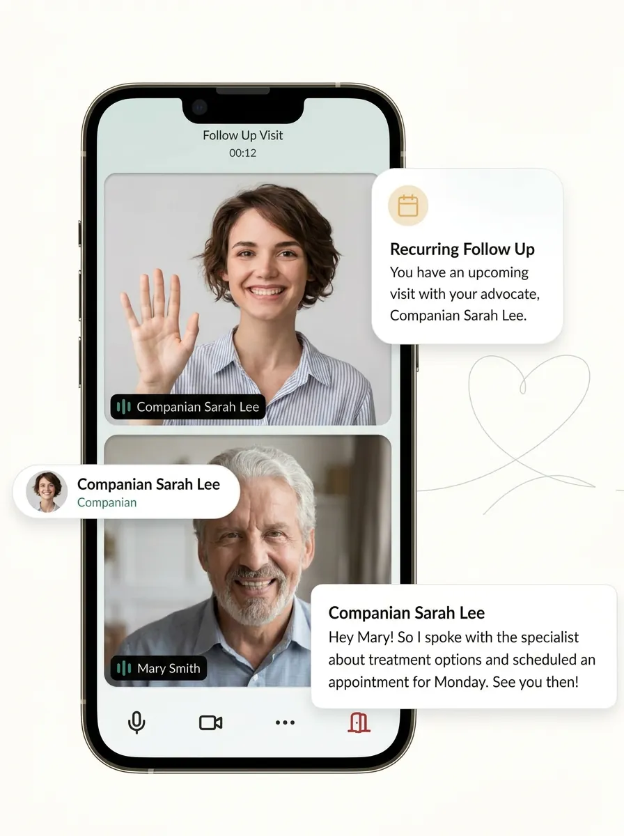 Phone screen showing a Companian Care Advocate on a follow-up video call with an older patient