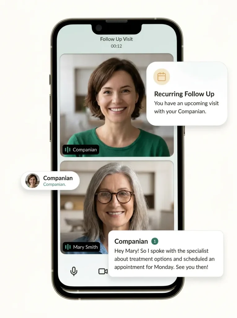 Companian app with a video follow-up and messages from a Care Advocate