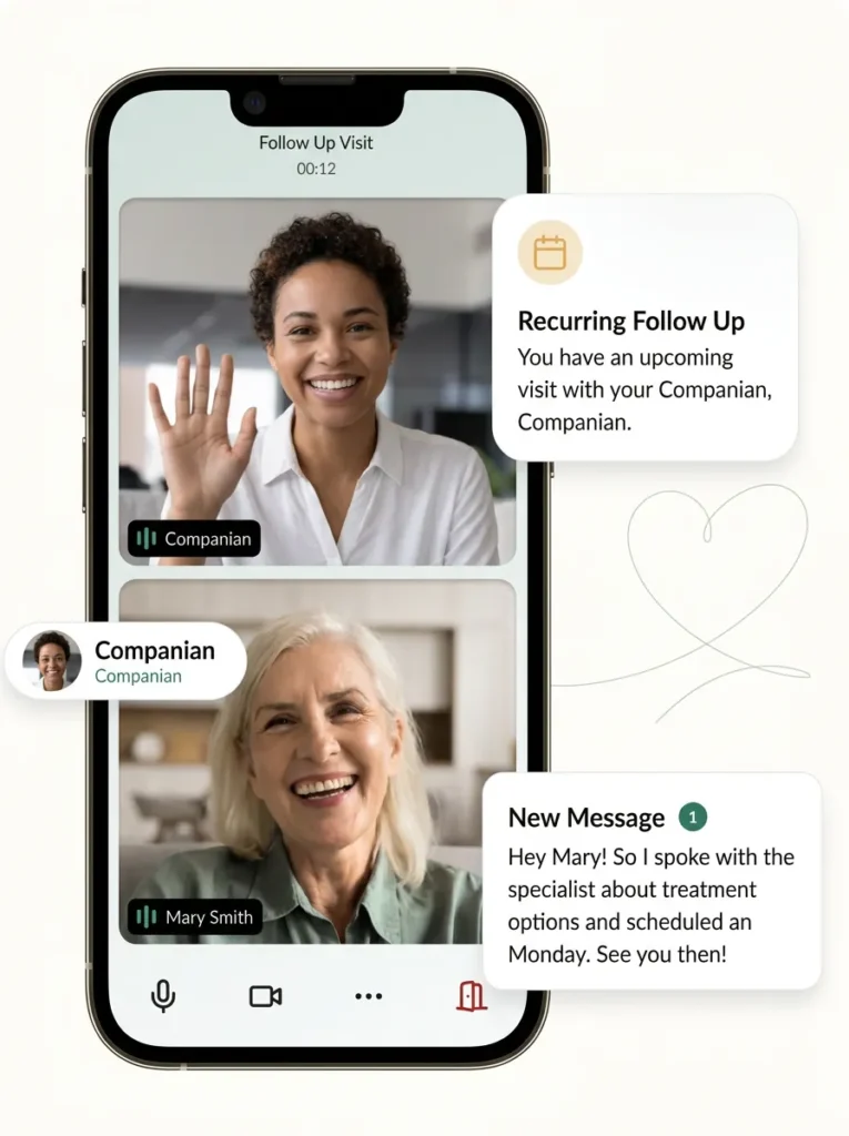 Companian app showing a video follow-up with a Care Advocate and a message to the patient