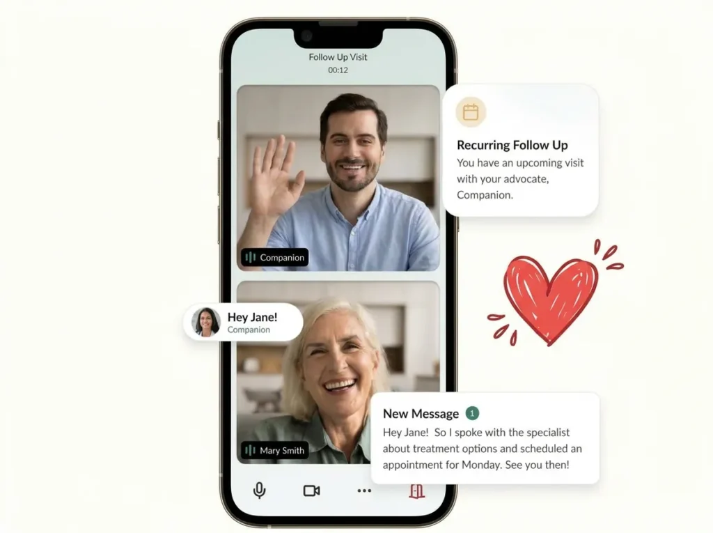 Companian app with a video follow-up and messages from a Care Advocate